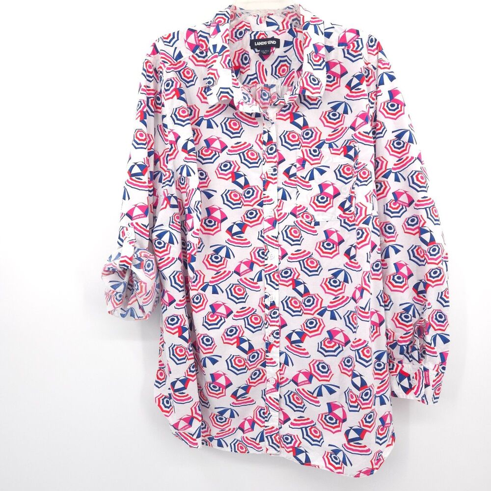 Lands' End umbrella print cotton button down top Size 2X long roll tab sleeves